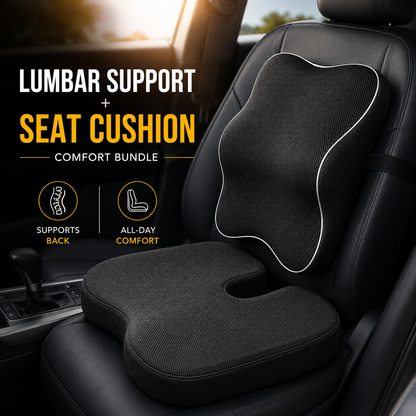 CarBro Lumbar Support & Memory Foam Seat Cushion Bundle – Ergonomic Back Support Pillow for Car, Office & Home