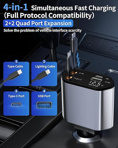 CarBro 4-in-1 Retractable Car Charger | Fast Charging Multi Cable Car Adapter
