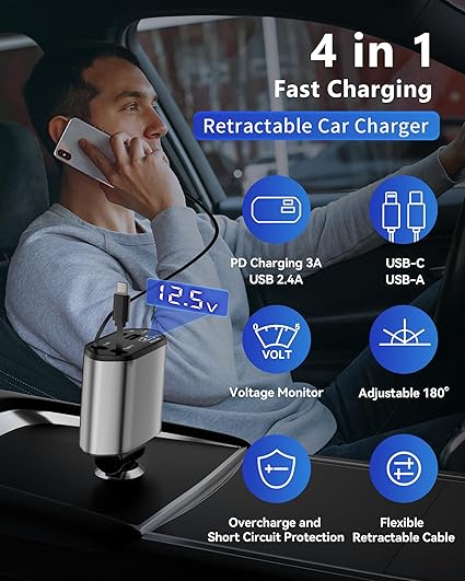 CarBro 4-in-1 Retractable Car Charger | Fast Charging Multi Cable Car Adapter