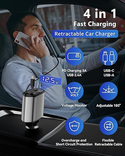 CarBro 4-in-1 Retractable Car Charger | Fast Charging Multi Cable Car Adapter