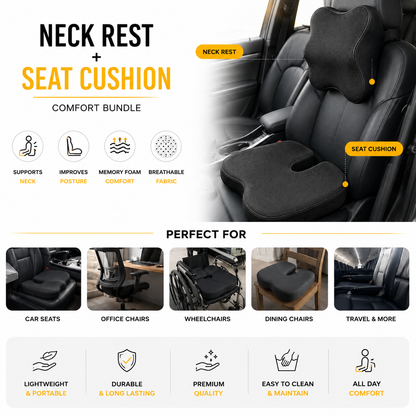 CarBro Comfort Bundle – Premium Memory Foam Neck Rest Pillow & Orthopedic Seat Cushion  Ergonomic Car Support for Long Drives
