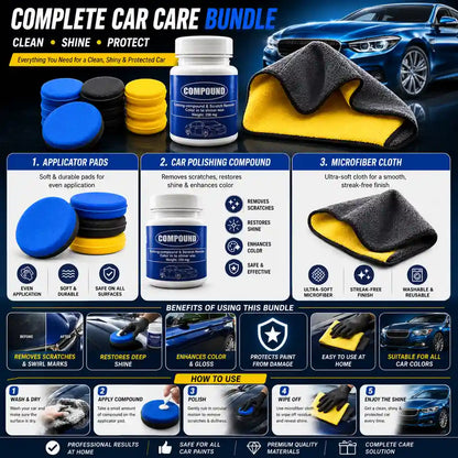 Car polishing bundle featuring scratch removal compound, foam applicator pads, and premium microfiber cloth for polishing, waxing, buffing, and paint restoration.