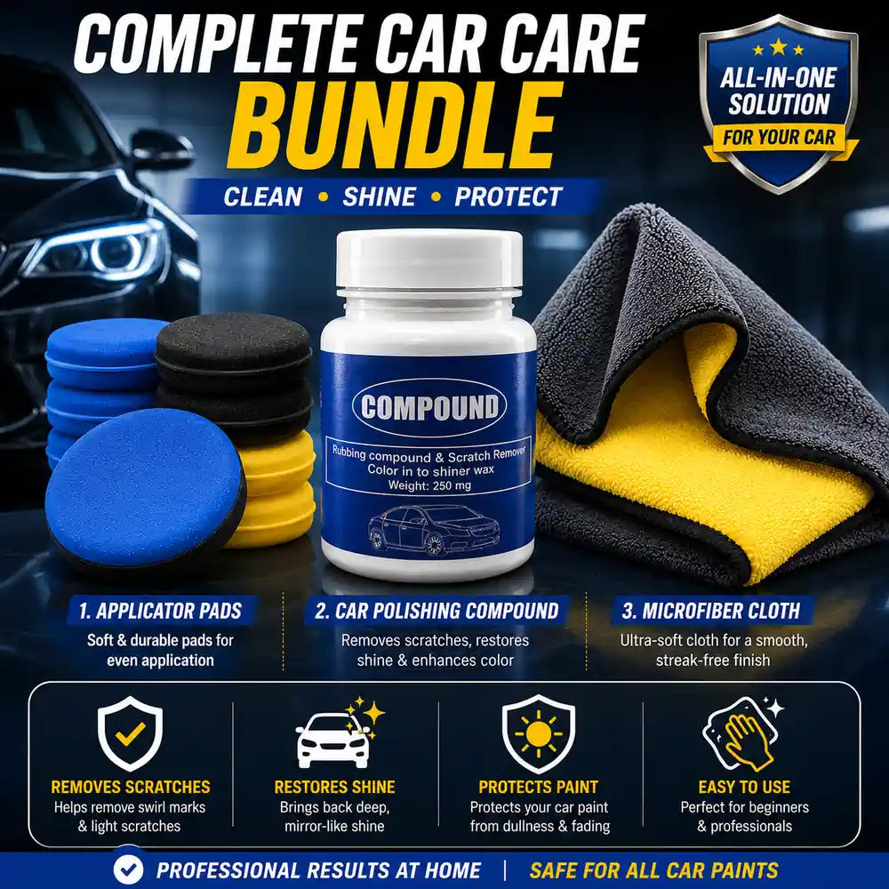 Car polishing bundle featuring scratch removal compound, foam applicator pads, and premium microfiber cloth for polishing, waxing, buffing, and paint restoration.