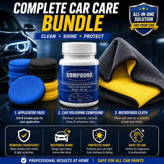 Car polishing bundle featuring scratch removal compound, foam applicator pads, and premium microfiber cloth for polishing, waxing, buffing, and paint restoration.