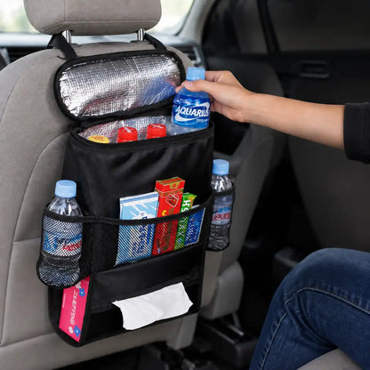 Car Seat Back Organizer with Insulated Cooler Compartment & Multiple Storage Pockets
