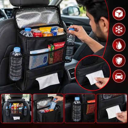 Car Seat Back Organizer with Insulated Cooler Compartment & Multiple Storage Pockets