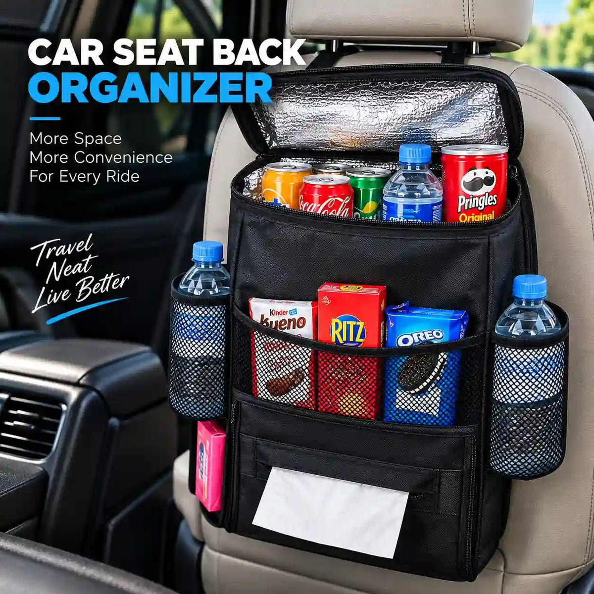 Car Seat Back Organizer with Insulated Cooler Compartment & Multiple Storage Pockets
