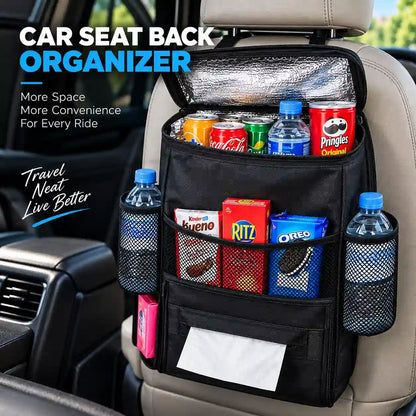 Car Seat Back Organizer with Insulated Cooler Compartment & Multiple Storage Pockets