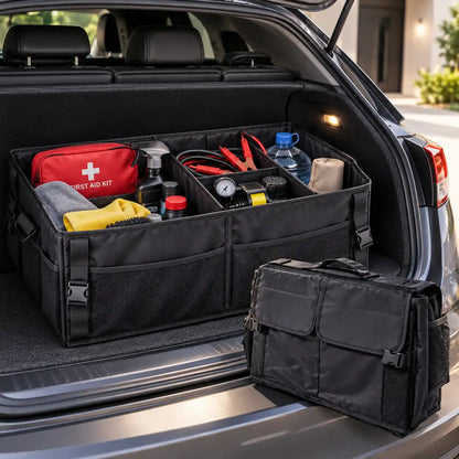 Car Trunk Organizer, Large Foldable Car Boot Storage Box with Multiple Compartments, Waterproof & Durable Cargo Organizer for Car Accessories, Cleaning Supplies, Tools, Groceries & Travel Essentials