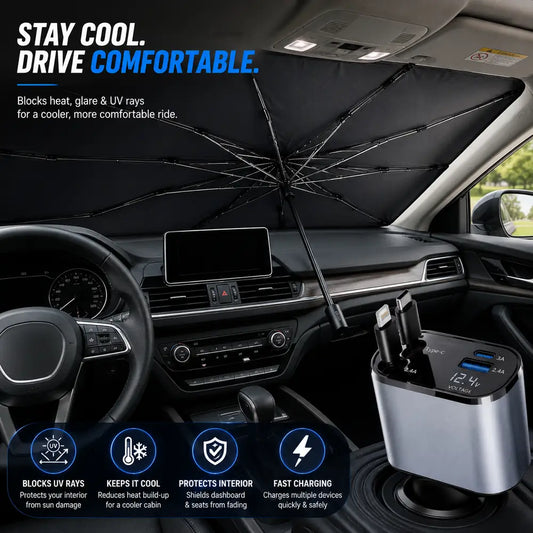 Premium car windshield umbrella sunshade with 4-in-1 fast car charger featuring retractable charging cables, dual USB ports, and digital voltage display.