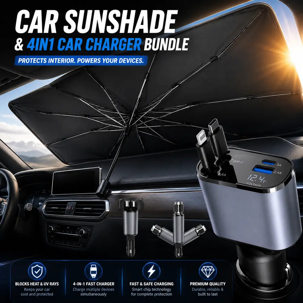 Premium car windshield umbrella sunshade with 4-in-1 fast car charger featuring retractable charging cables, dual USB ports, and digital voltage display.