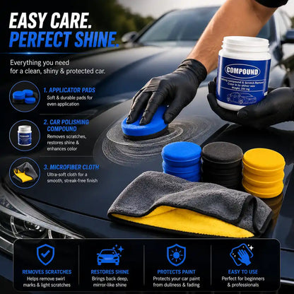 Car polishing bundle featuring scratch removal compound, foam applicator pads, and premium microfiber cloth for polishing, waxing, buffing, and paint restoration.