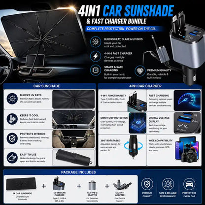 Premium car windshield umbrella sunshade with 4-in-1 fast car charger featuring retractable charging cables, dual USB ports, and digital voltage display.