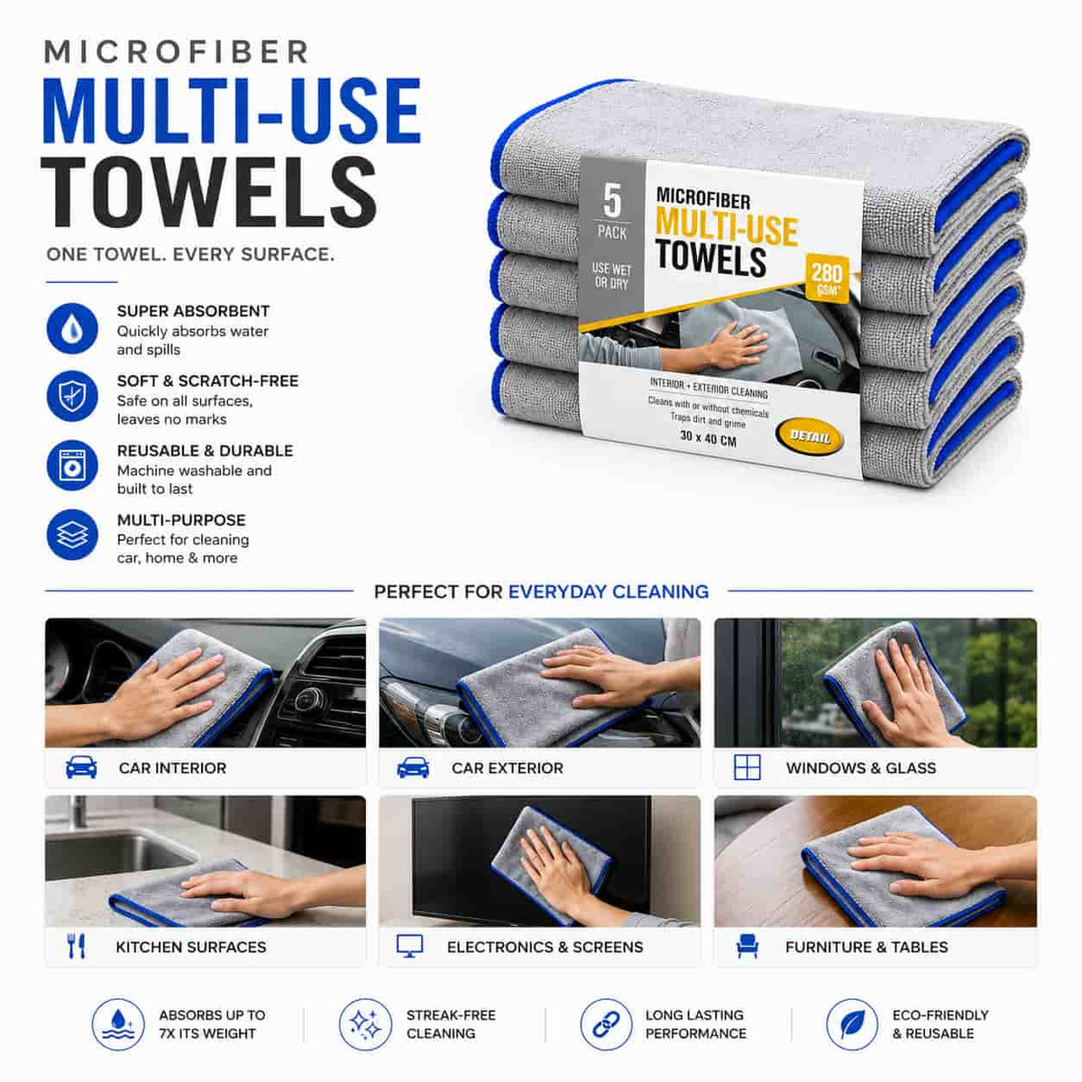 Microfiber Multi-Use Cleaning Towels – 280 GSM | 30 × 40 CM
