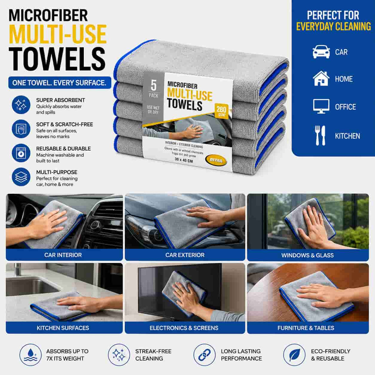 Microfiber Multi-Use Cleaning Towels – 280 GSM | 30 × 40 CM