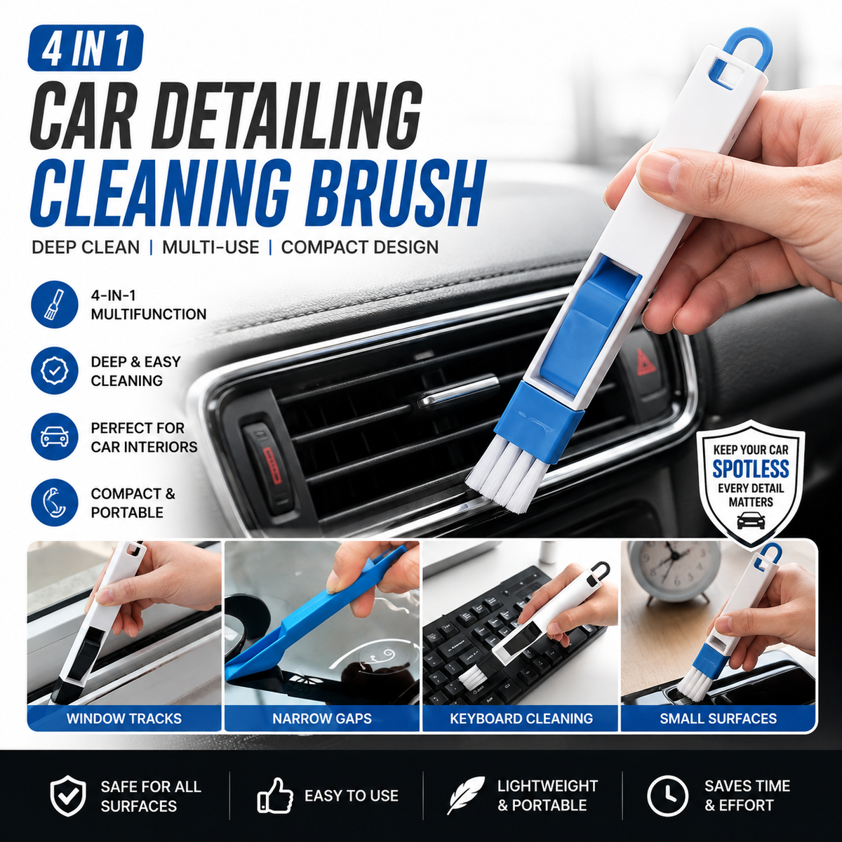 4-in-1 Car Detailing Cleaning Brush – Multi-Purpose Interior Cleaning Tool