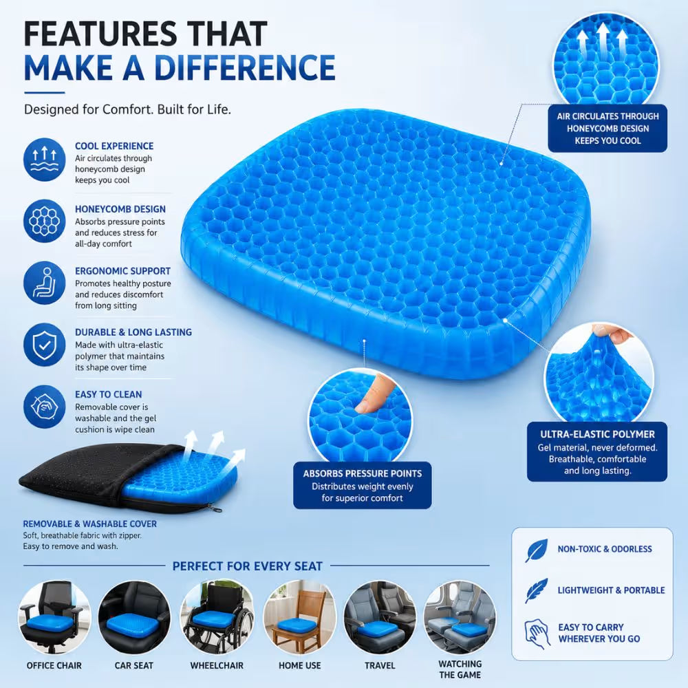 Cooling gel seat cushion for car seat in Pakistan
Honeycomb gel seat cushion for office chair
Breathable gel seat cushion for comfortable sitting
Portable cooling seat cushion | Carbro.pk
Comfortable gel cushion for daily driving
