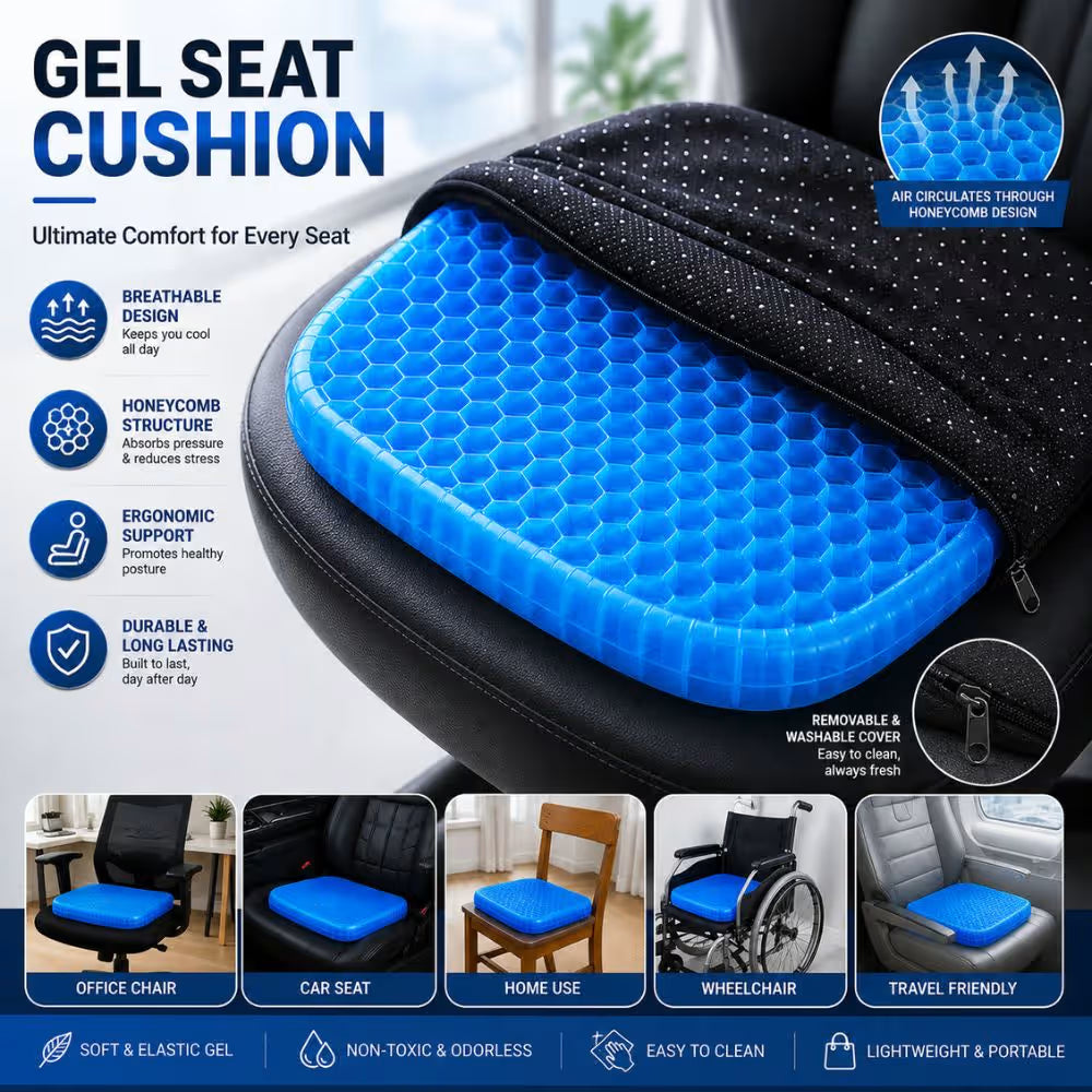 cooling gel seat cushion
gel seat cushion pakistan
car seat cushion
office chair cushion
comfortable seat cushion
honeycomb gel cushion
portable seat cushion
cooling cushion for car
breathable seat cushion
gel sitting cushion