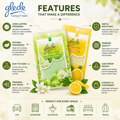 Glade Hang It Fresh Air Freshener
Long lasting hanging fragrance sachet
Car and home air freshener
Spring Jasmine air freshener
Lemon hanging perfume sachet