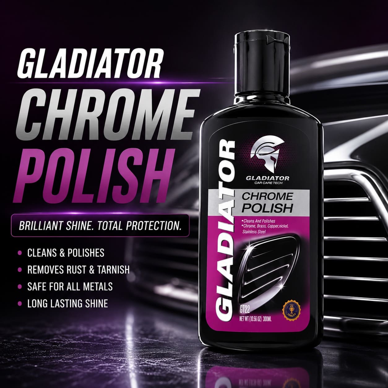 Gladiator Chrome Polish bottle for car chrome shine
Chrome polish removing rust from car grill
Car chrome polish mirror shine result
Gladiator chrome polish application on metal surface
Chrome polish for exhaust pipes and alloy wheels
