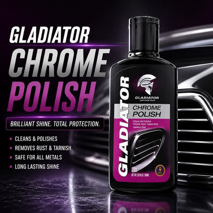 Gladiator Chrome Polish bottle for car chrome shine
Chrome polish removing rust from car grill
Car chrome polish mirror shine result
Gladiator chrome polish application on metal surface
Chrome polish for exhaust pipes and alloy wheels