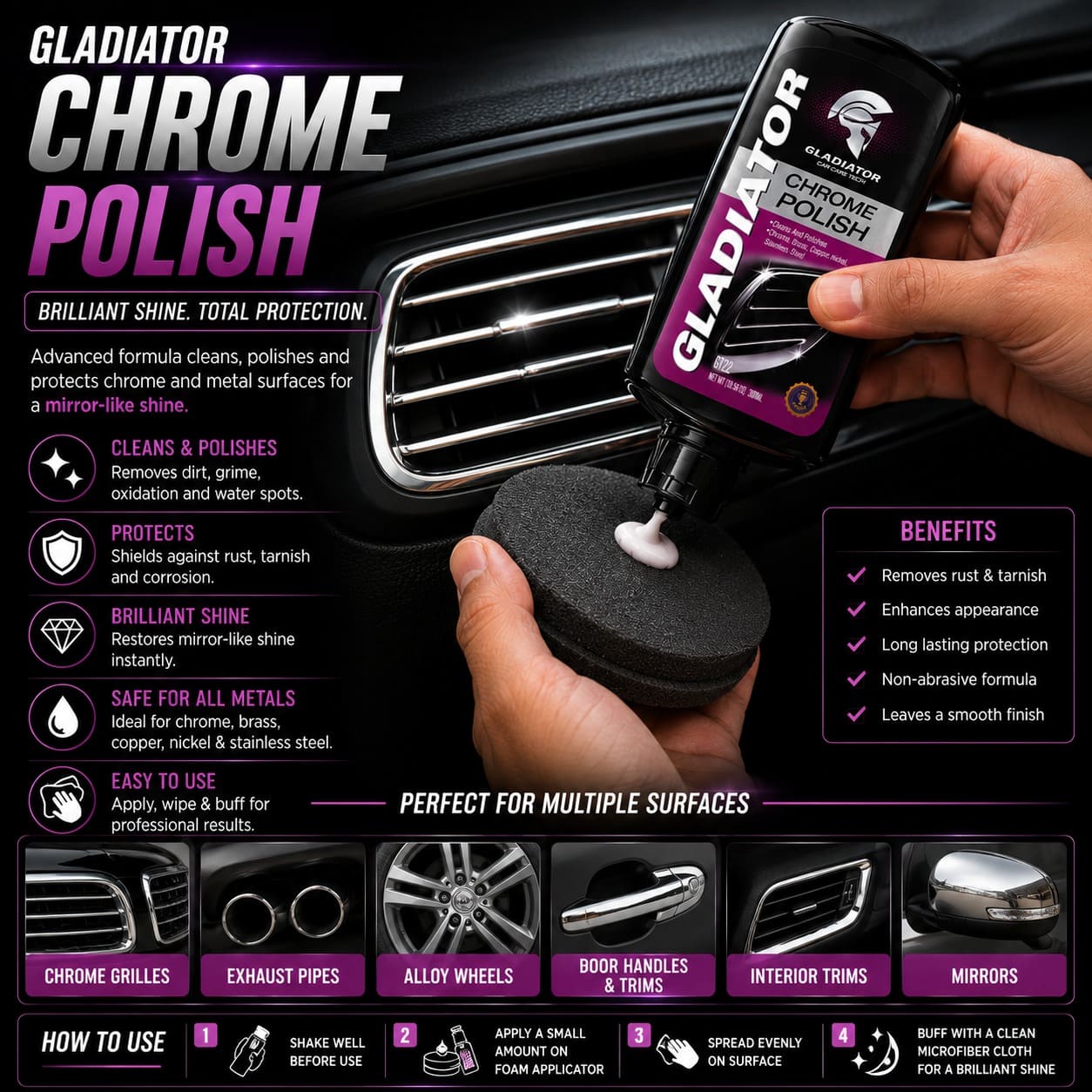 Gladiator Chrome Polish bottle for car chrome shine
Chrome polish removing rust from car grill
Car chrome polish mirror shine result
Gladiator chrome polish application on metal surface
Chrome polish for exhaust pipes and alloy wheels