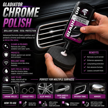 Gladiator Chrome Polish bottle for car chrome shine
Chrome polish removing rust from car grill
Car chrome polish mirror shine result
Gladiator chrome polish application on metal surface
Chrome polish for exhaust pipes and alloy wheels
