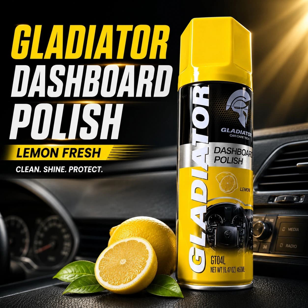 Gladiator Dashboard Polish 450ml – Lemon Fresh Dashboard Cleaner, Shine & UV Protectant Spray