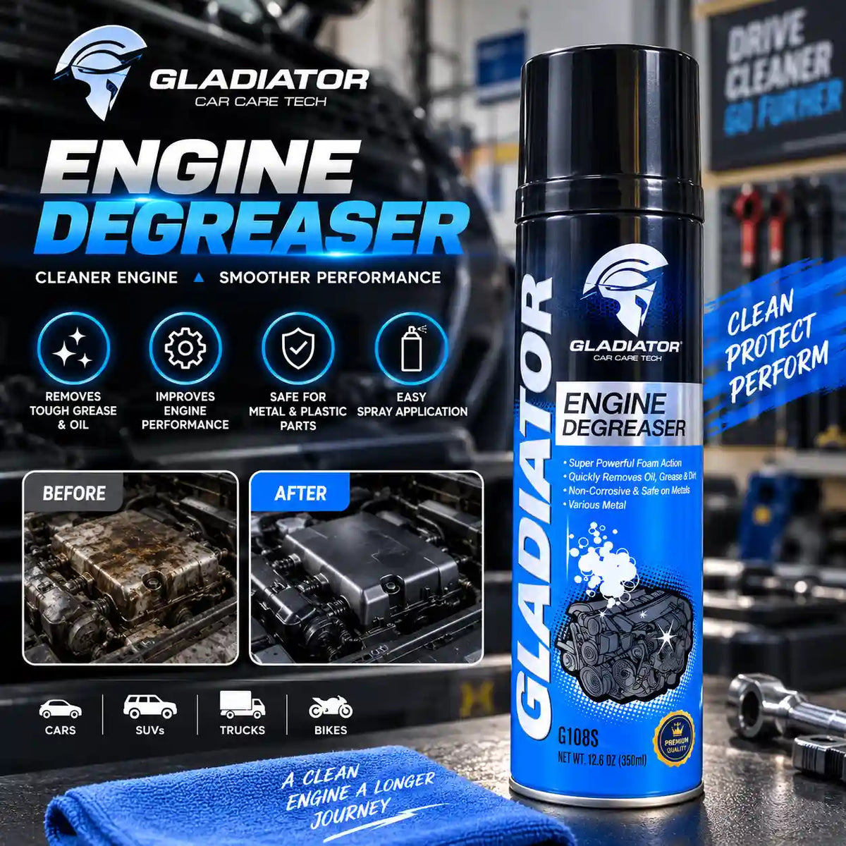 Gladiator Engine Degreaser 350ml | Powerful Foaming Engine Cleaner for Removing Tough Grease, Oil & Dirt | Safe for Metal & Plastic Parts | Easy Spray Application for Cars, SUVs, Trucks & Bikes