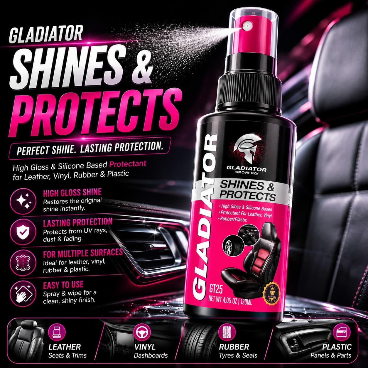 gladiator-shines-and-protects-spray-bottle
car-leather-seat-shine-protectant
dashboard-vinyl-rubber-plastic-protection-spray
interior-car-shine-spray-application
gladiator-car-care-high-gloss-protectant