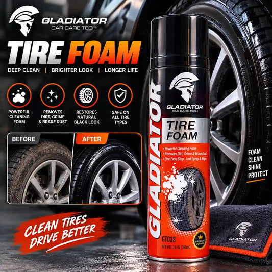 Gladiator Tire Foam 350ml | Powerful Foaming Tyre Cleaner for Removing Dirt, Grime & Brake Dust | Deep Cleaning & Natural Black Look Restorer | Easy Spray & Wipe Car Tyre Care
