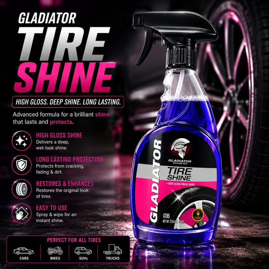 Gladiator tire shine spray applied on car tire
High gloss tire shine with long lasting protection
Car tire shine spray protecting against UV and cracking