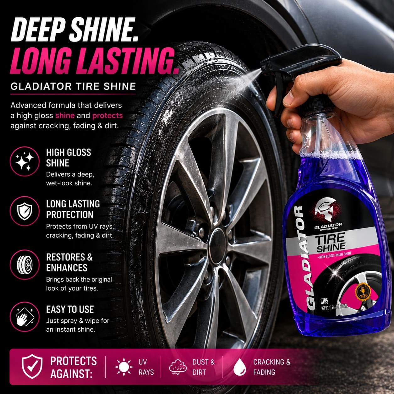 Gladiator tire shine spray applied on car tire
High gloss tire shine with long lasting protection
Car tire shine spray protecting against UV and cracking