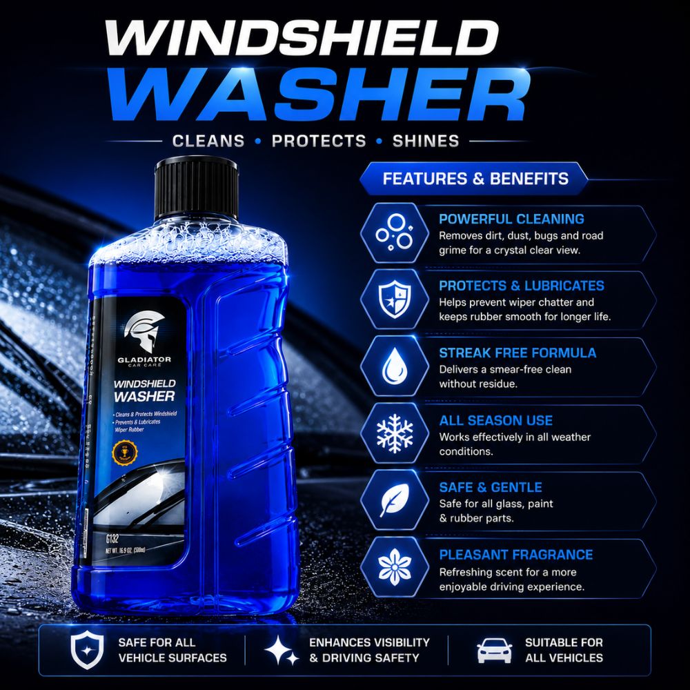Gladiator windshield washer fluid bottle
Car windshield cleaning liquid
Windshield washer fluid for cars
Streak free windshield cleaner
Automotive glass cleaning solution
