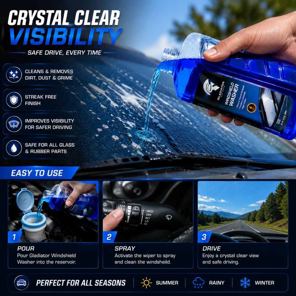 Gladiator windshield washer fluid bottle
Car windshield cleaning liquid
Windshield washer fluid for cars
Streak free windshield cleaner
Automotive glass cleaning solution