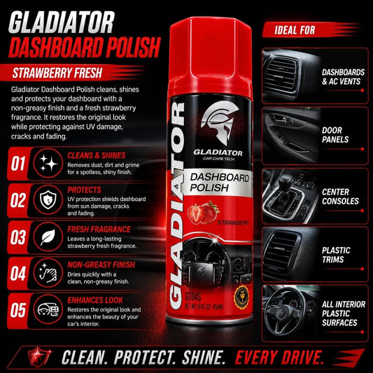 Gladiator Dashboard Polish Spray 450ml – Strawberry Fresh Dashboard Cleaner & Interior Shine Protectant