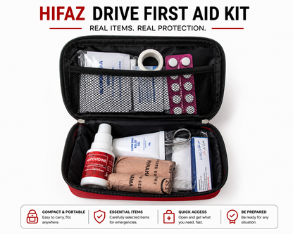 HIFAZ Drive First Aid Kit – 19 Essential Emergency Items | Compact Car Safety Kit | Travel, Home & Office Emergency Pouch