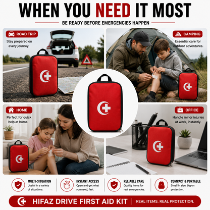 HIFAZ Drive First Aid Kit – 19 Essential Emergency Items | Compact Car Safety Kit | Travel, Home & Office Emergency Pouch
