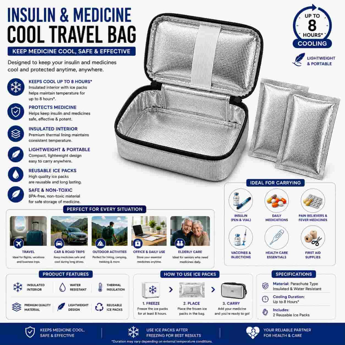 HIFAZ Insulin & Medicine Cool Travel Bag (Silver)