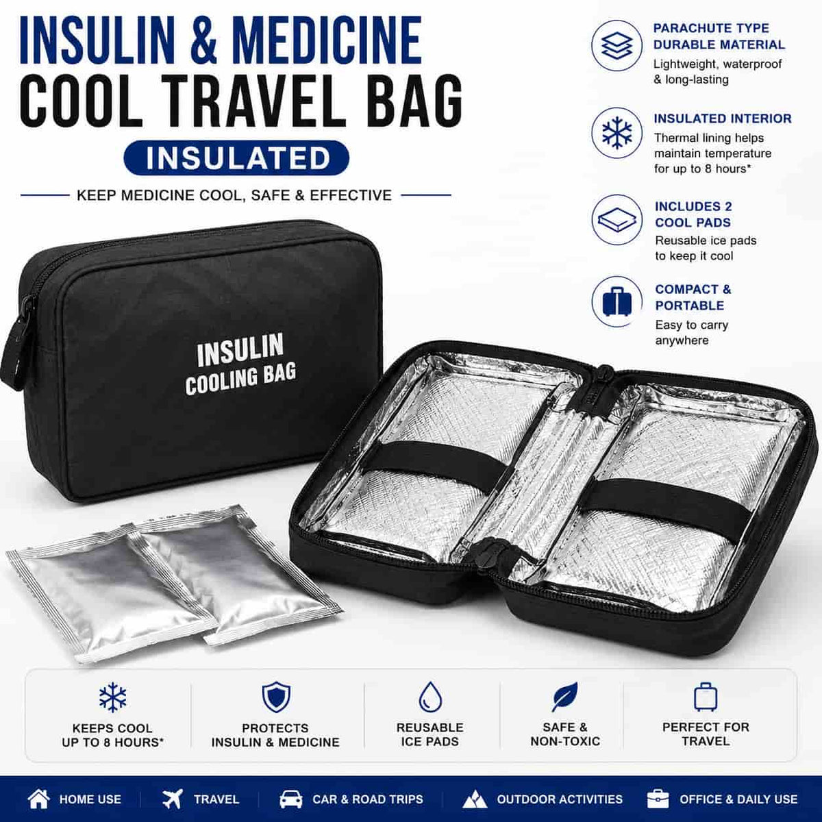 HIFAZ Insulin & Medicine Cool Travel Bag with 2 Reusable Ice Packs | Insulated Portable Medicine Carrier