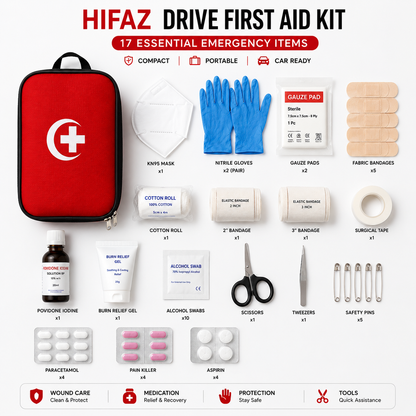 HIFAZ Drive First Aid Kit – 19 Essential Emergency Items | Compact Car Safety Kit | Travel, Home & Office Emergency Pouch