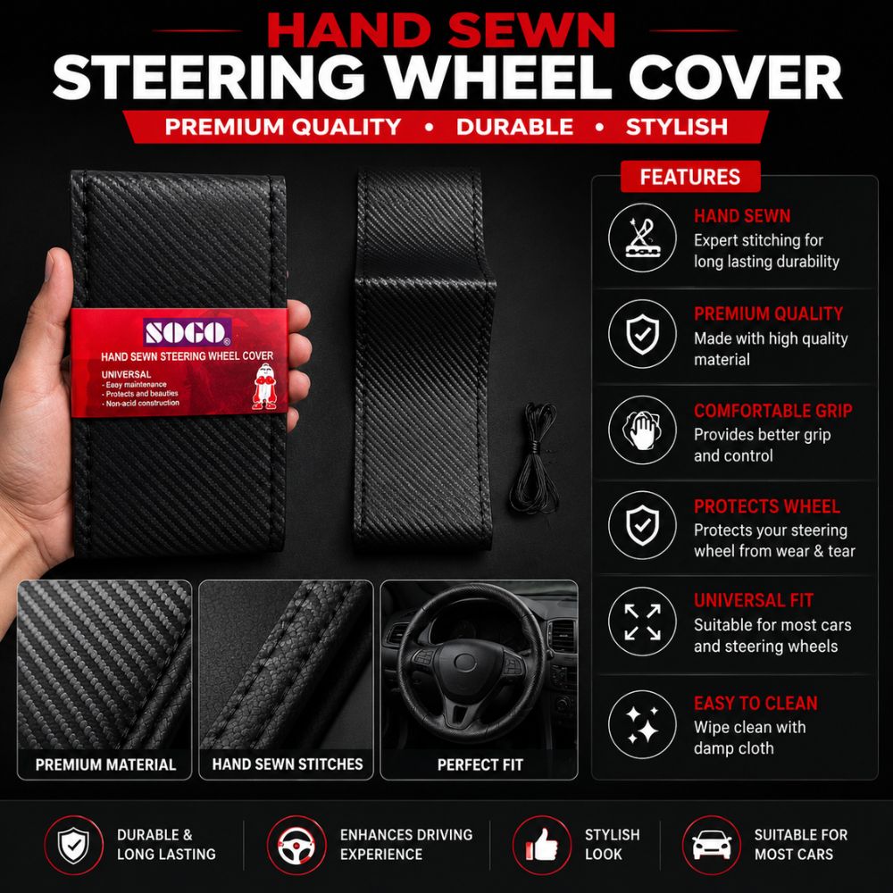 Hand sewn steering wheel cover
Universal steering wheel cover
Premium car steering cover
Carbon texture steering cover
Comfort grip steering wheel cover