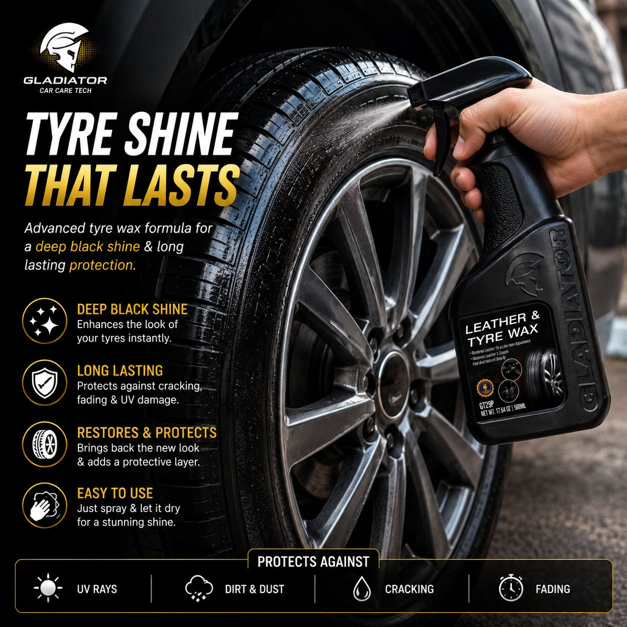 leather and tyre wax car care product
leather tyre wax for car seats and tyres
car leather and tyre shine spray
non greasy leather tyre wax