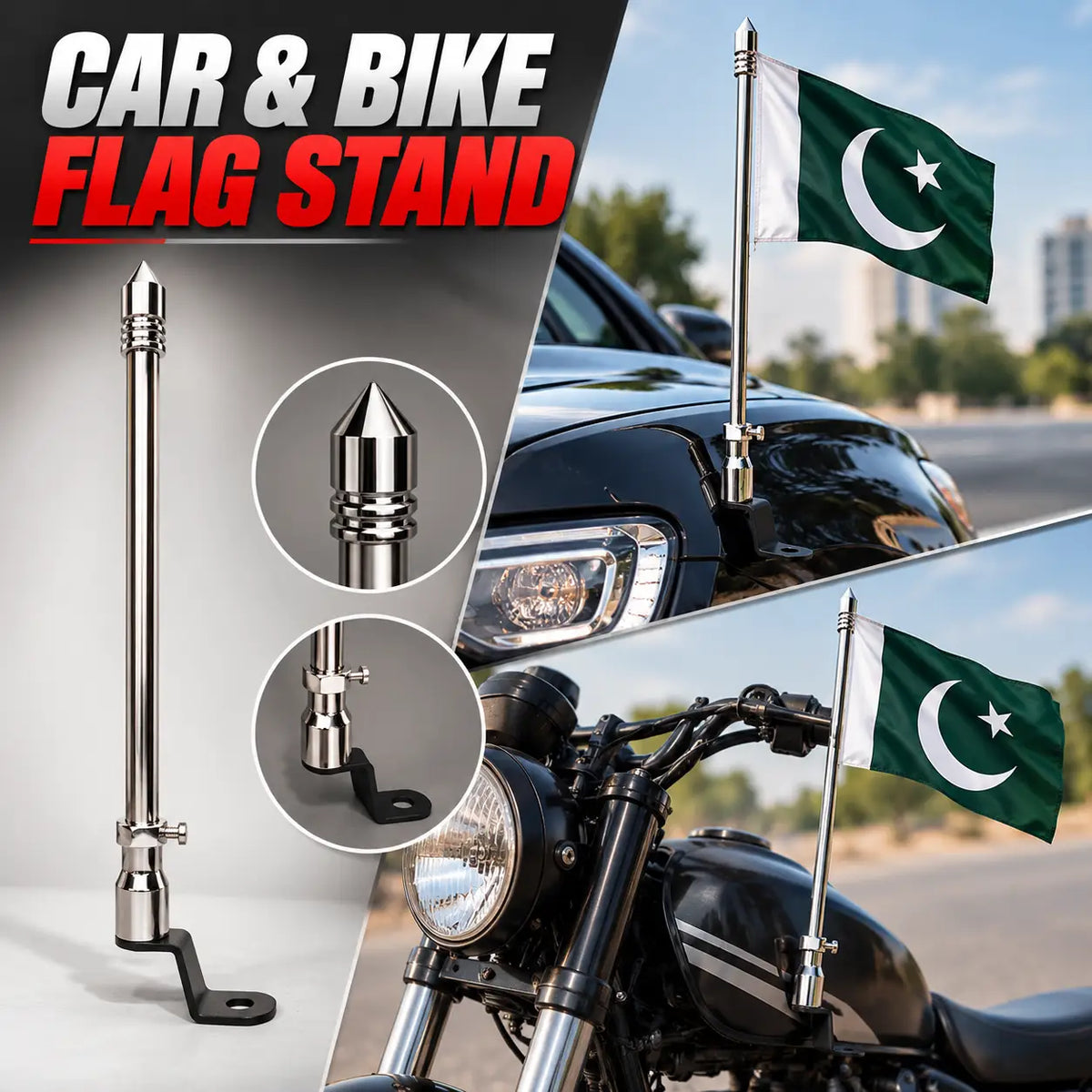 Premium Pakistan Car & Bike Flag  Heavy Duty Stainless Steel Hood Flag  Independence Day 14 August  Patriotic Vehicle Flag
