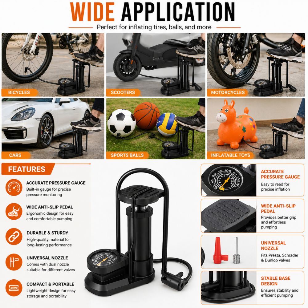 Portable foot air pump with pressure gauge
Manual tire inflator for cars and bikes
Multi-purpose air pump with nozzle
Compact foot operated air pump
Portable tire inflation pump