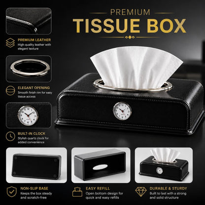 Premium dashboard tissue box
Car tissue holder with clock
Luxury leather tissue box for car
Dashboard tissue dispenser
Car interior tissue organizer