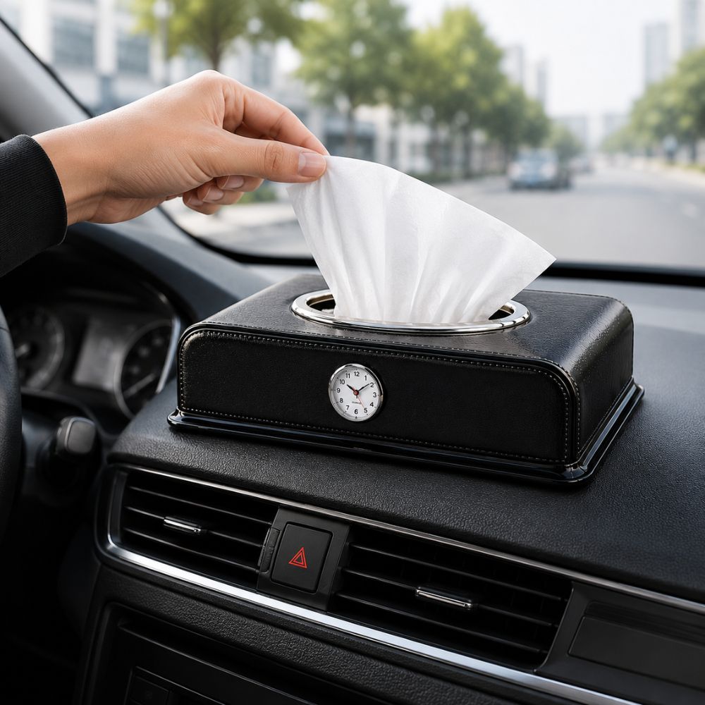 Premium dashboard tissue box
Car tissue holder with clock
Luxury leather tissue box for car
Dashboard tissue dispenser
Car interior tissue organizer