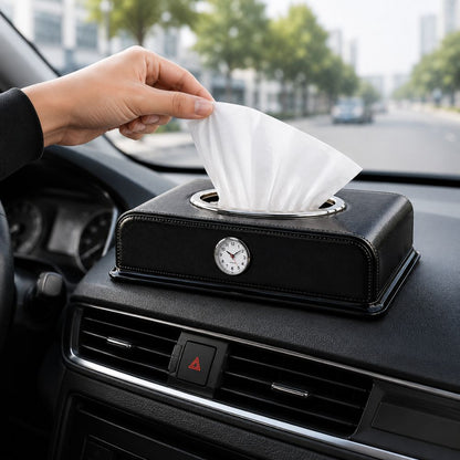 Premium dashboard tissue box
Car tissue holder with clock
Luxury leather tissue box for car
Dashboard tissue dispenser
Car interior tissue organizer