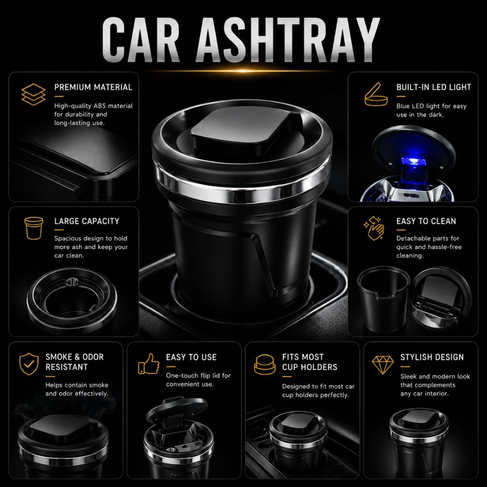 Premium LED car ashtray
Smokeless cup holder ashtray
Car ashtray with blue LED light
Portable vehicle ashtray
Modern car interior ashtray