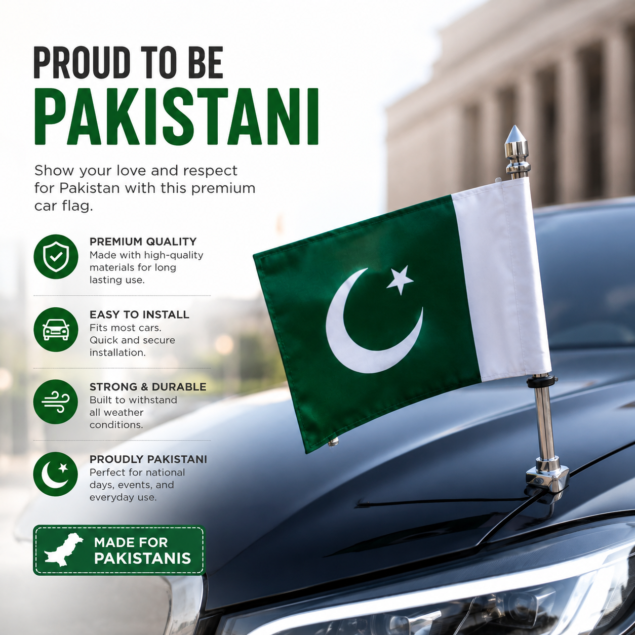 Pakistan car flag
Pakistan bike flag
Stainless steel Pakistan vehicle flag
Independence Day car flag
14 August Pakistan flag for car
Pakistan hood flag
Patriotic car accessory Pakistan
Car flag for Pakistan celebrations